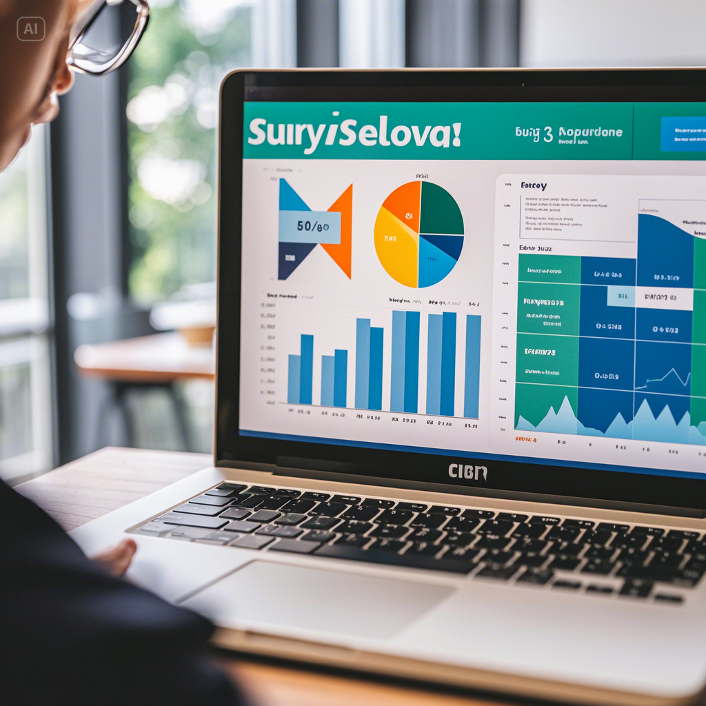 A close-up of a computer screen showing colorful charts and graphs representing survey results. The ...