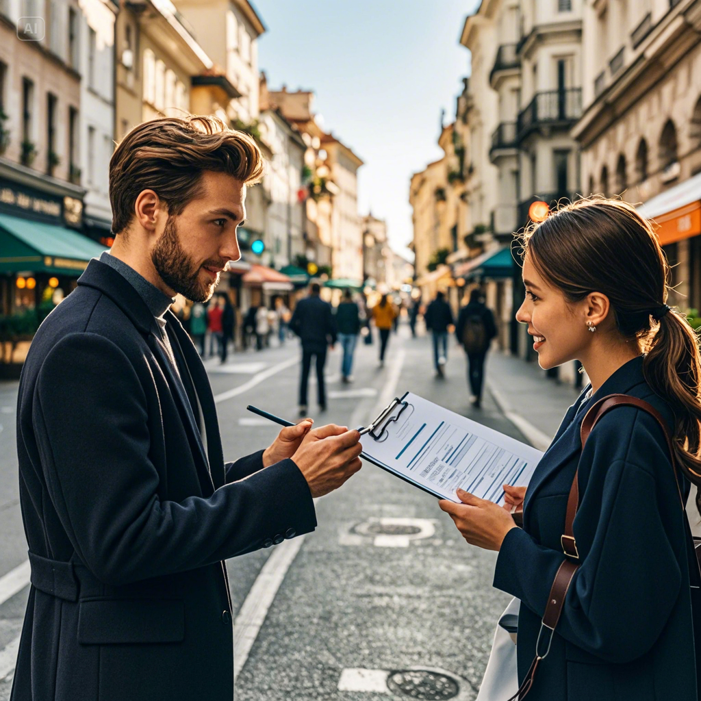 A field setting where a person is conducting a face-to-face survey. The interviewer holds a clipboar...