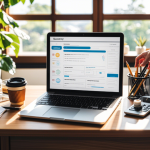 A professional scene showing a laptop on a sleek office desk. The laptop screen displays an open