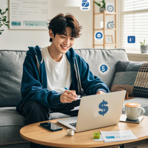 A young person sitting comfortably at home on a cozy couch with a laptop on their lap, smiling while.